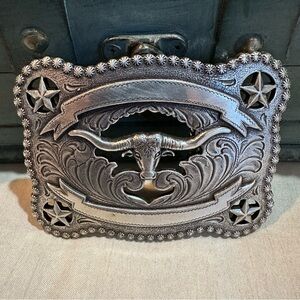 Men’s Nocona Western Longhorn Belt Buckle, longhorn steer, stars, metal, NICE